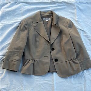 Tahari Tan Peplum Cropped Blazer with Black Buttons